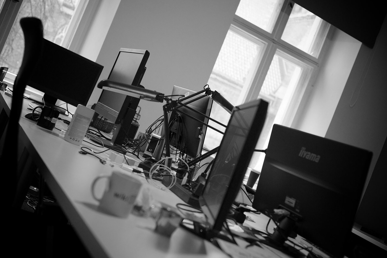 Office desks with computer monitors