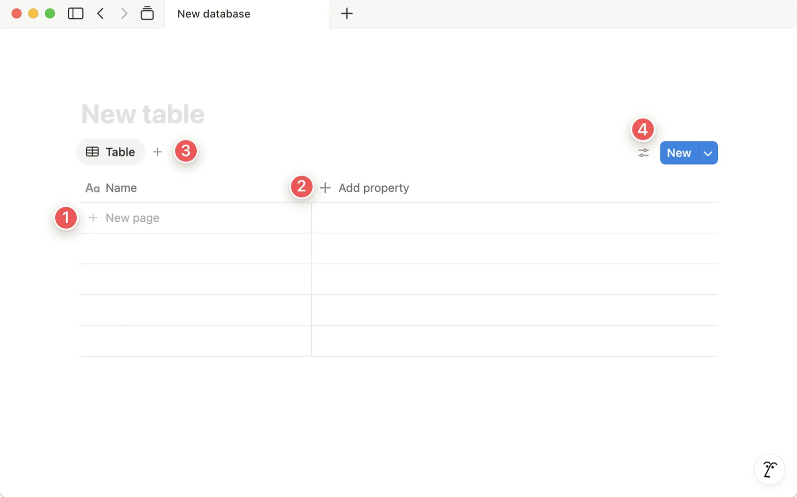 Notion database tour showing a new table with numbered callouts for adding pages, properties and views