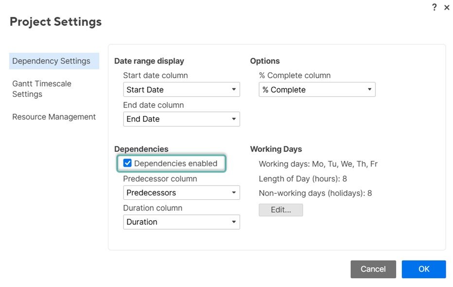 Smartsheet Project Settings dialog with the Dependencies enabled checkbox selected
