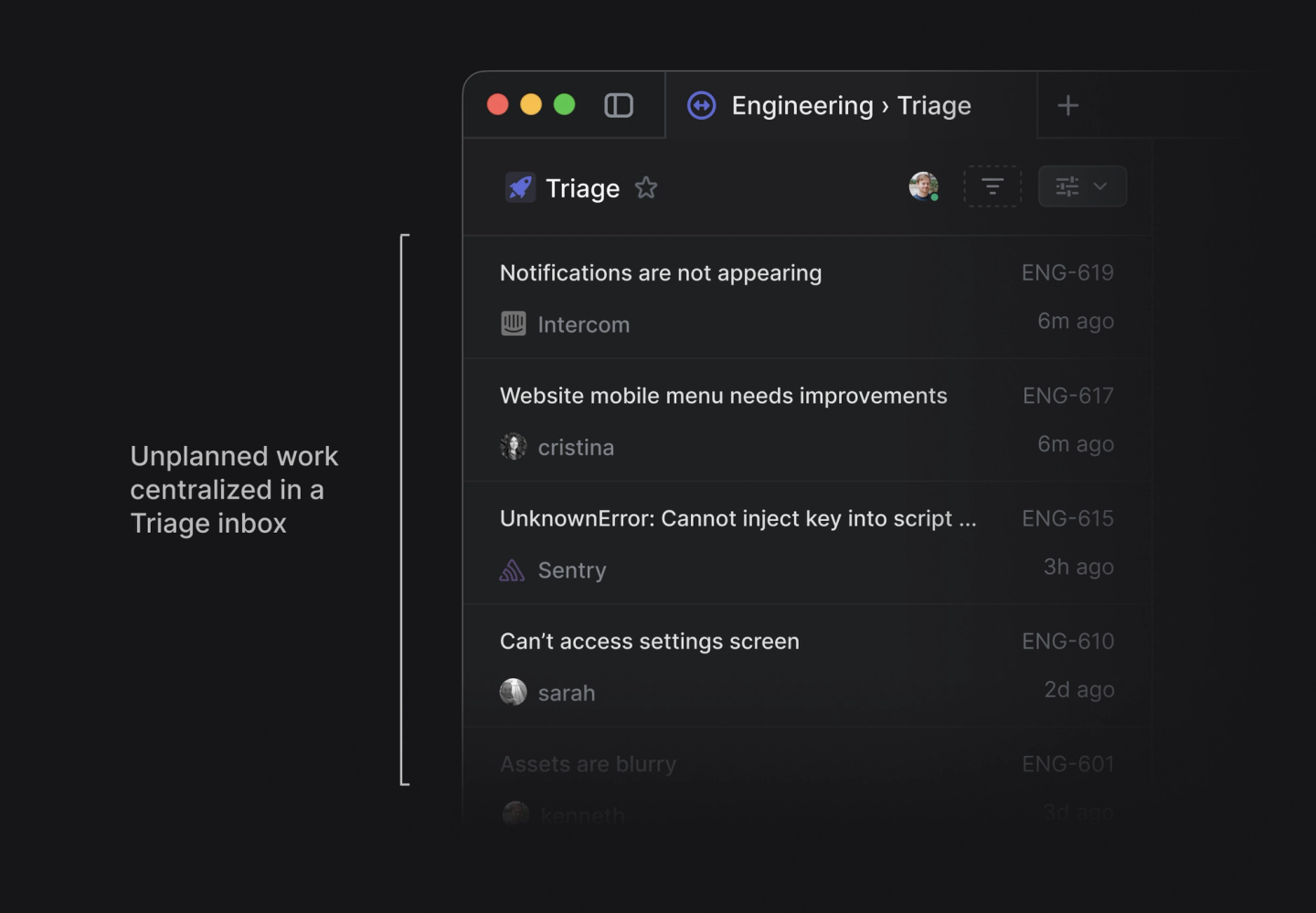 Linear's Triage inbox listing incoming issues from Intercom, Sentry and teammates