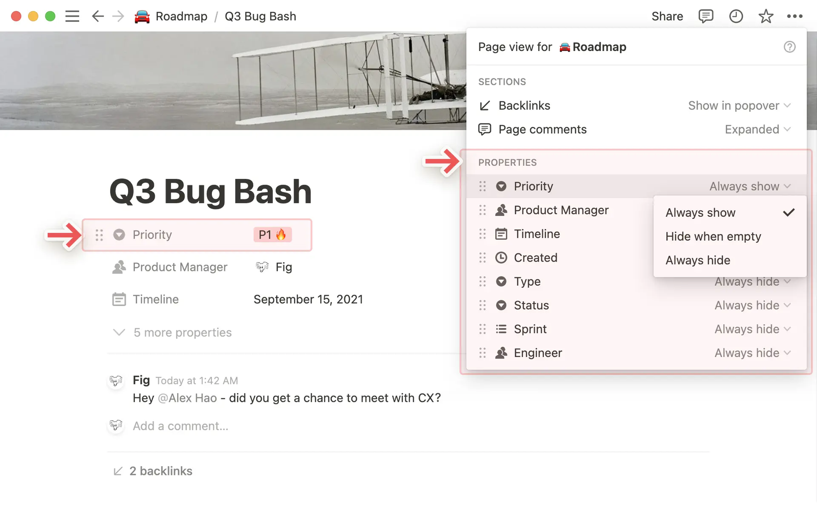 Notion page settings panel showing database properties that can be shown or hidden on each page