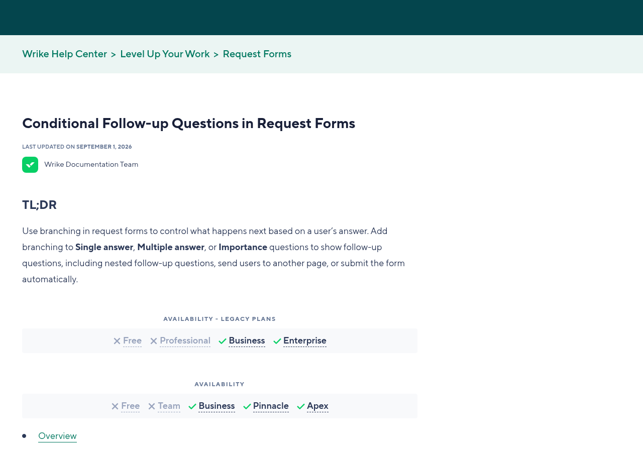 Wrike Help Center page Conditional Follow-up Questions in Request Forms, updated September 1, 2026, showing branching on Single answer, Multiple answer and Importance questions on Business, Pinnacle and Apex