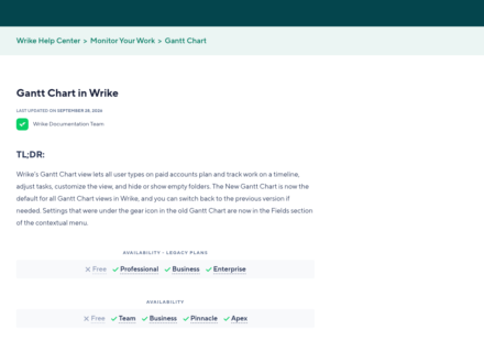 Wrike Help Center page for Gantt Chart in Wrike, last updated September 28, 2026, showing availability on Team, Business, Pinnacle and Apex but not Free