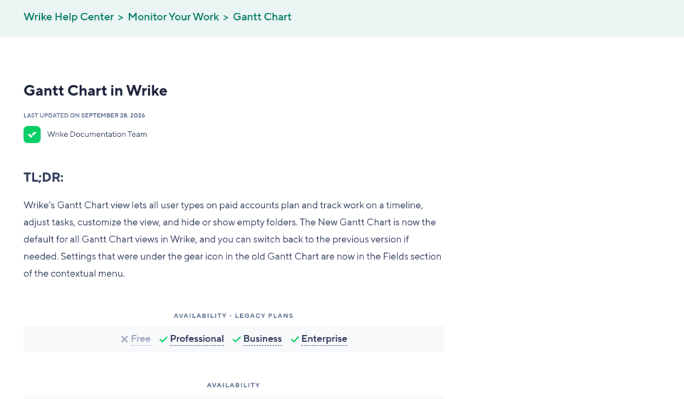 Wrike Help Center page for Gantt Chart in Wrike, last updated September 28, 2026, showing availability on Team, Business, Pinnacle and Apex but not Free
