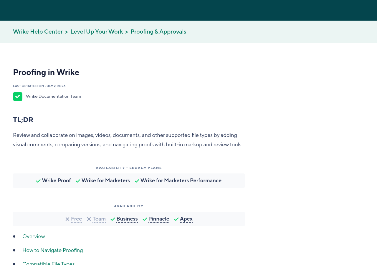 Wrike Help Center page Proofing in Wrike, updated July 2, 2026, showing availability on Business, Pinnacle and Apex but not Free or Team