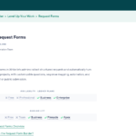 Wrike Help Center page Creating Request Forms showing availability on Business, Pinnacle and Apex but not Free or Team