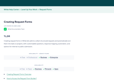 Wrike Help Center page Creating Request Forms showing availability on Business, Pinnacle and Apex but not Free or Team