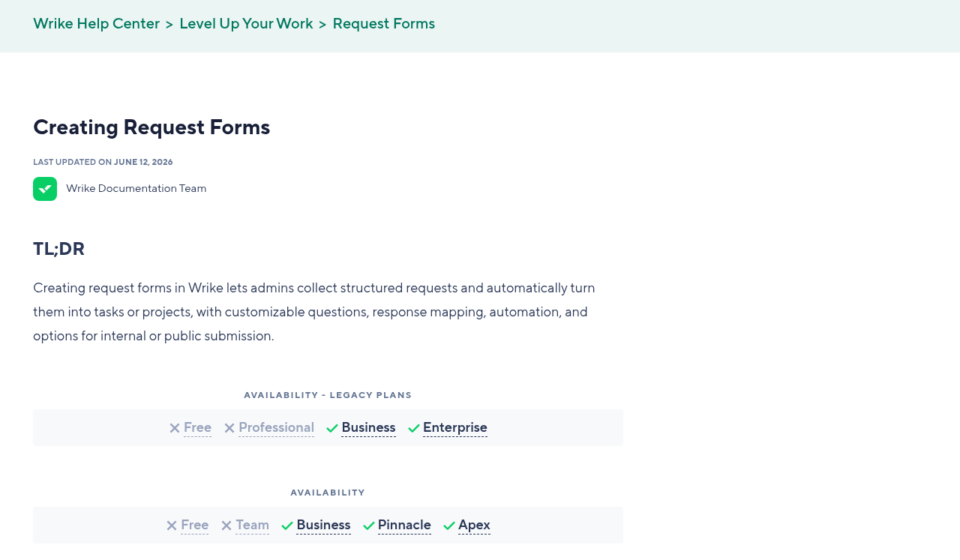 How to Set Up Wrike Request Forms in 2026: Conditional Logic, Blueprints and Public Links Wrike Help Center page Creating Request Forms showing availability on Business, Pinnacle and Apex but not Free or Team