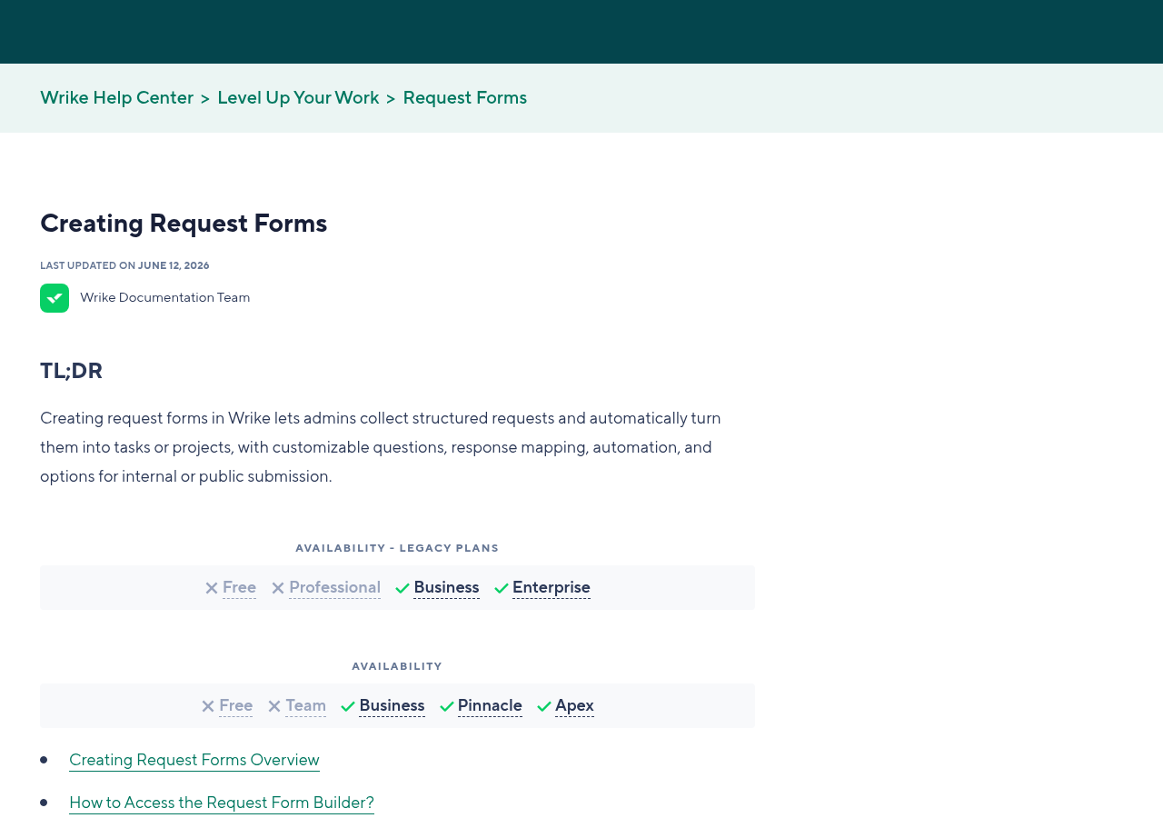 Wrike Help Center page Creating Request Forms showing availability on Business, Pinnacle and Apex but not Free or Team